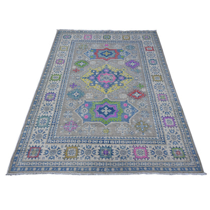 5'X6'8" Dorian Gray Hand Knotted Fusion Kazak Natural Wool Oriental Rug