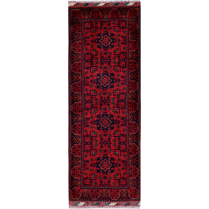 1'9"X5' Red Afghan Khamyab Geometric Design Wool Hand Knotted Runner Rug