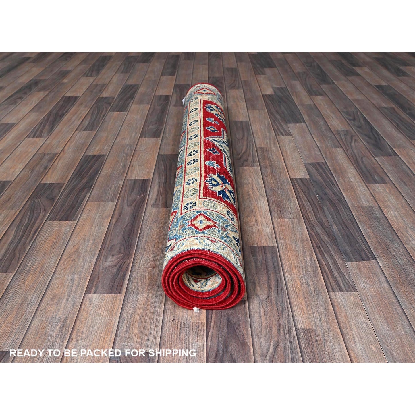 4'1"X6'1" Red Kazak Geometric Medallions Design Hand Knotted Soft Wool Rug