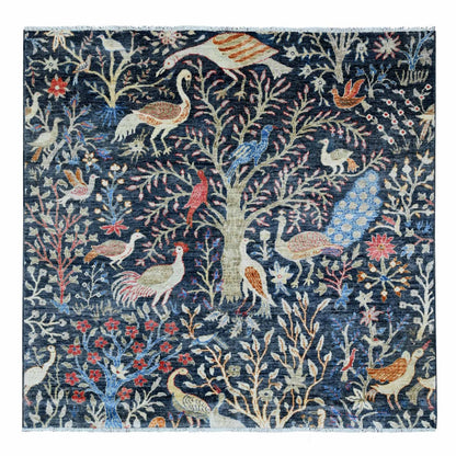 6'X6' Blue Afghan Peshawar Birds Design Hand Knotted Soft Wool Square Rug