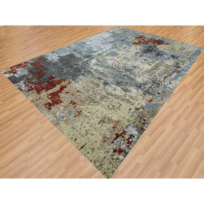 10'X14'2" Bone Gray Natural Wool Hand Knotted Abstract Design Rug