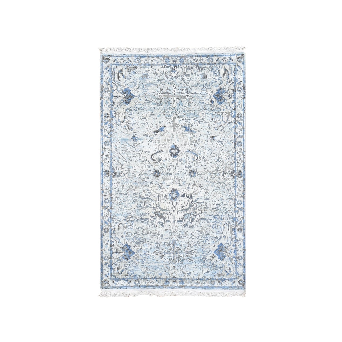 3'X5' Ivory Distressed Oushak Pure Silk With Text Wool Hand Knotted Rug