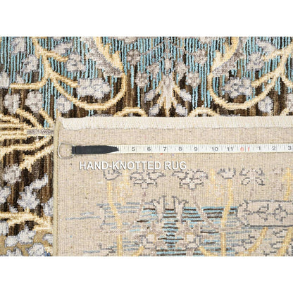 4'2"X10' Gold Brown Hand Knotted Silk With Wool Wide Runner Rug