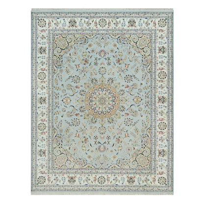 7'7"X9'9" Celeste Blue Nain Design 250 Kpsi Hand Knotted Square Rug