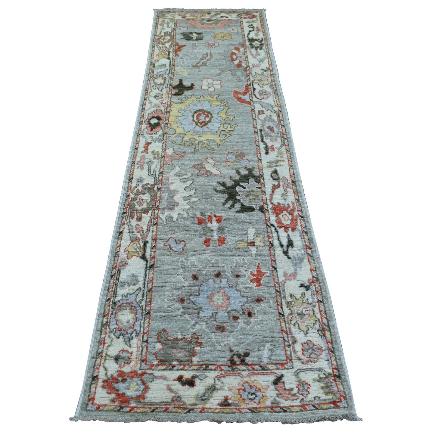 2'6"X97" Gray Angora Oushak Pop Of Colors Hand Knotted Wool Runner Rug
