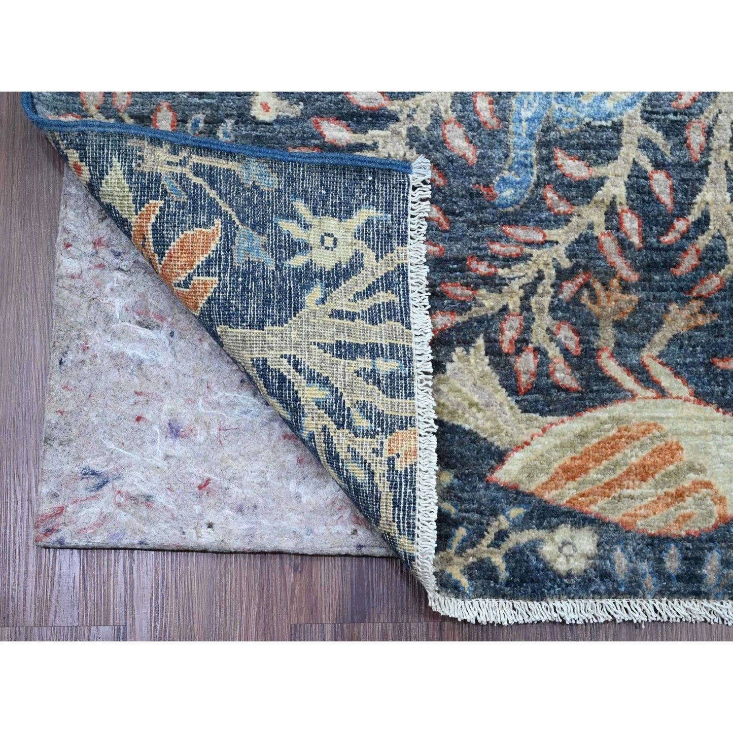 4'X15'8" Blue Hand Knotted Afghan Peshawar Birds Design Wool Runner Rug
