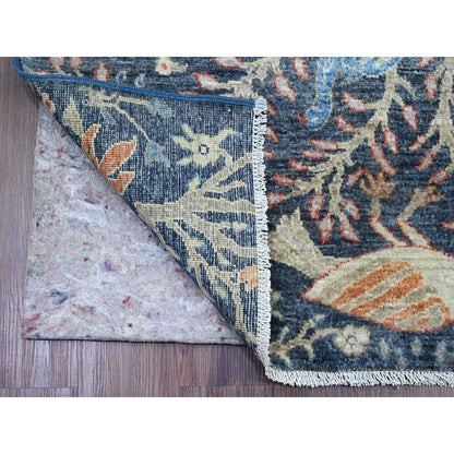 4'X15'8" Blue Hand Knotted Afghan Peshawar Birds Design Wool Runner Rug