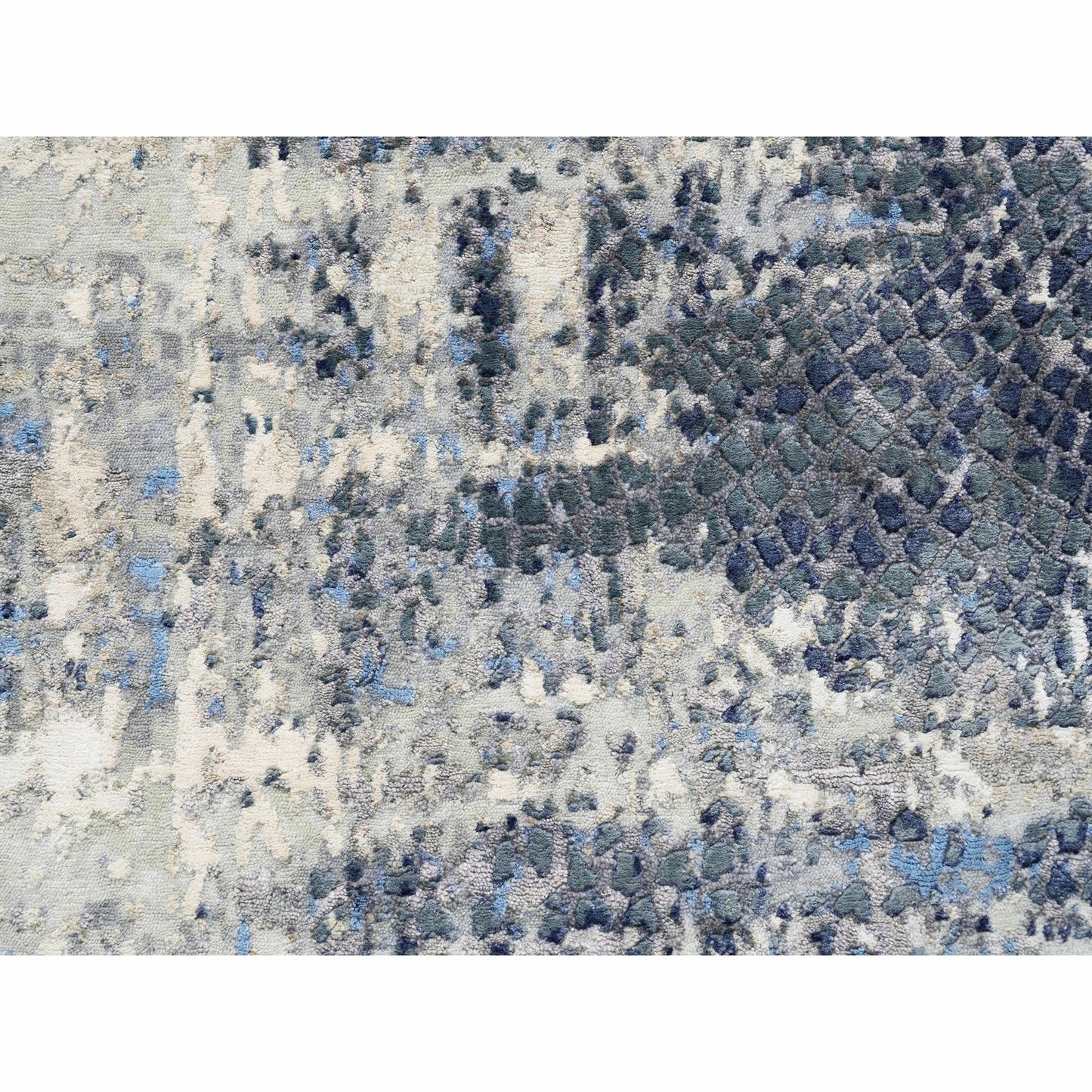 2'5"x10' Blue Abstract With Mosaic Design Wool And Silk Hand Knotted Rug
