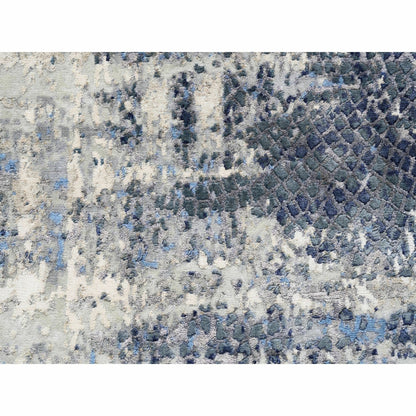 2'5"x10' Blue Abstract With Mosaic Design Wool And Silk Hand Knotted Rug