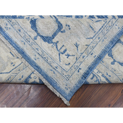 9'8"X13'5" Blue Soft Wool Hand Knotted White Wash Peshawar Rug