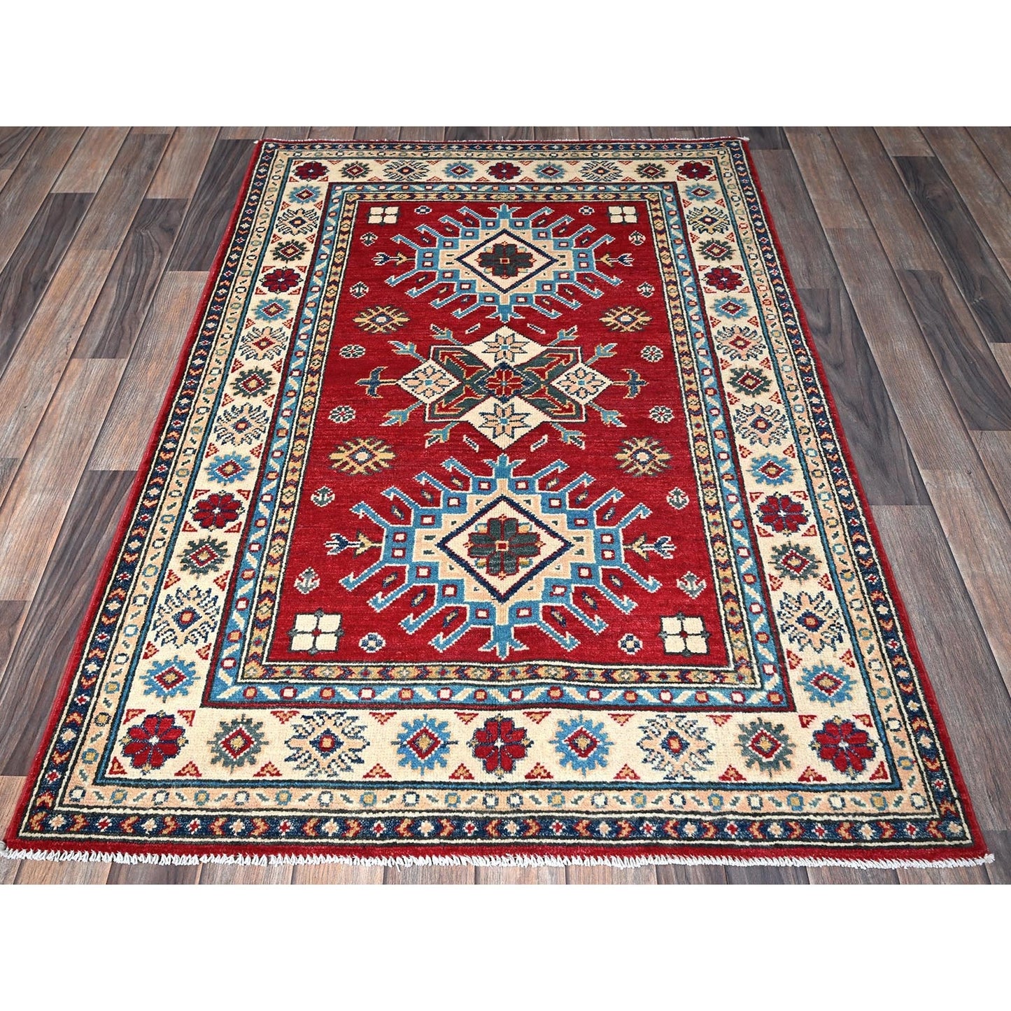 3'5"X5' Berry Red Kazak With Geometric Pattern Hand Knotted Pure Wool Rug