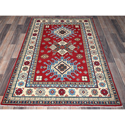 3'5"X5' Berry Red Kazak With Geometric Pattern Hand Knotted Pure Wool Rug