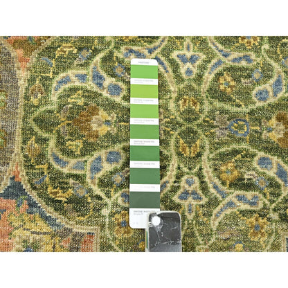 10'X14'3" Moss Green Repetitive Emblem Design Pure Wool Hand Knotted Rug