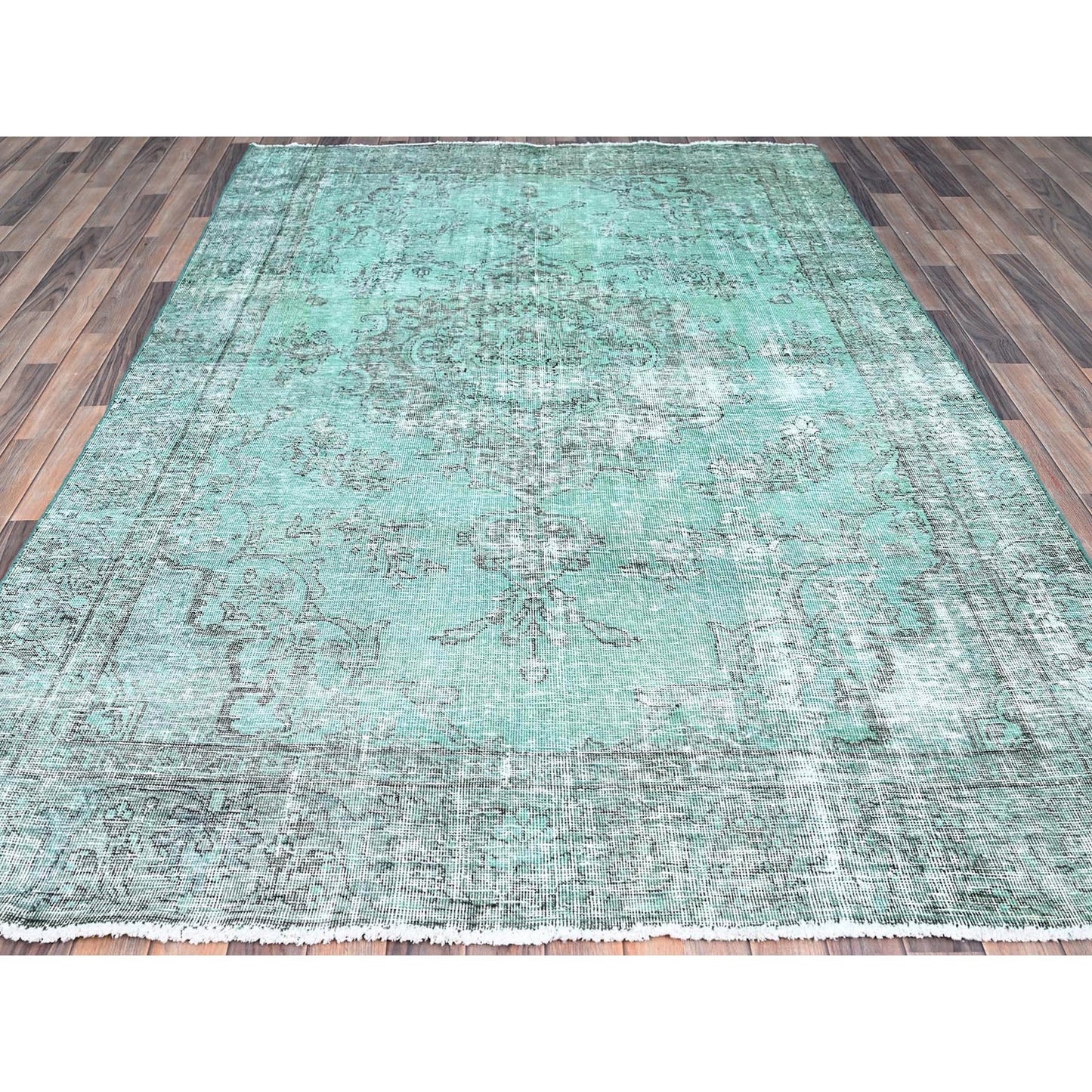 6'1"X9' Green Worn Wool Hand Knotted Overdyed Old Zoroastrian Tebraz Rug