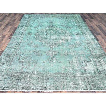 6'1"X9' Green Worn Wool Hand Knotted Overdyed Old Zoroastrian Tebraz Rug