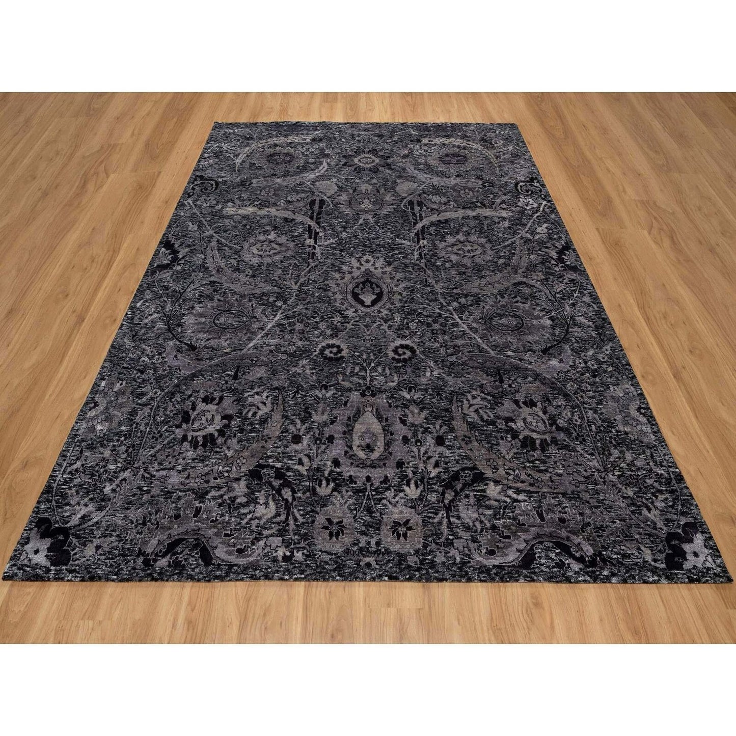 8'1"X10' Black Lush And Plush Hand Knotted Leaf Design Wool And Silk Rug