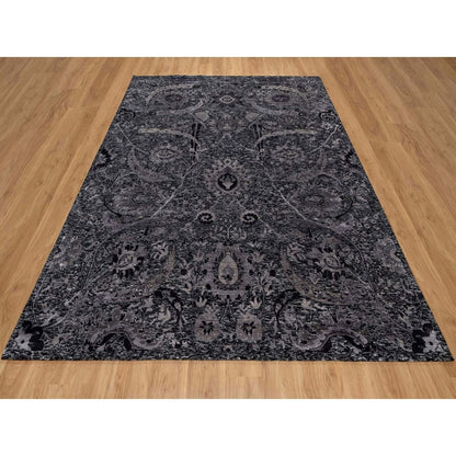 8'1"X10' Black Lush And Plush Hand Knotted Leaf Design Wool And Silk Rug