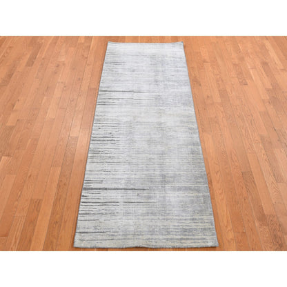 3'X9' Ash Gray Horizontal Ombre Design Pure Silk Hand Knotted Runner Rug