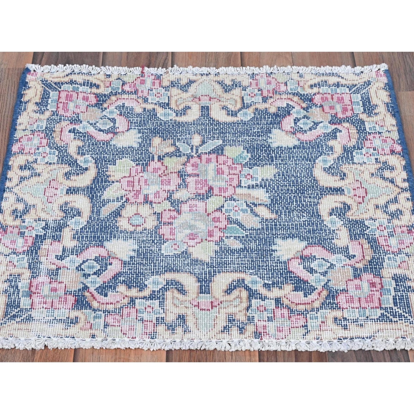 1'7"X1'7" Blue Worn Wool Hand Knotted Vintage Farsian Karman Square Rug