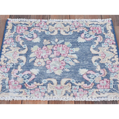 1'7"X1'7" Blue Worn Wool Hand Knotted Vintage Farsian Karman Square Rug