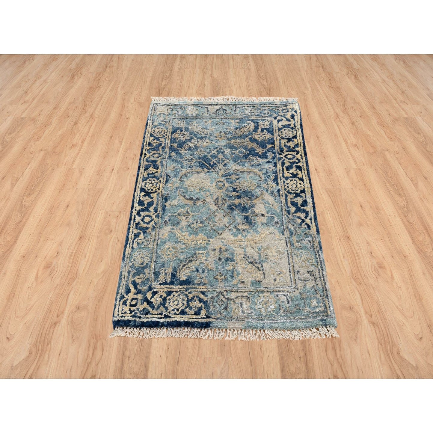 2'X3'1" Blue Heris Erased Design Wool And Silk Hand Knotted Mat Rug