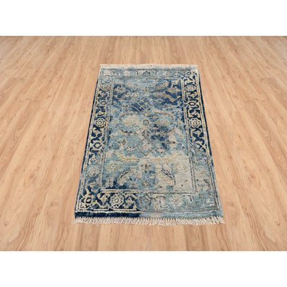 2'X3'1" Blue Heris Erased Design Wool And Silk Hand Knotted Mat Rug