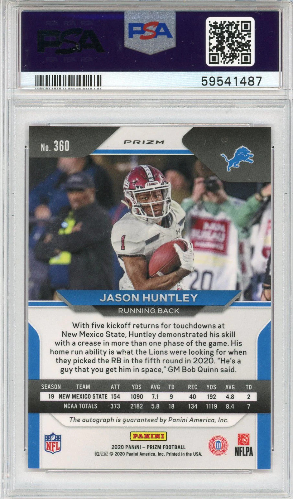 Jason Huntley Autographed 2020 Panini Prizm Pink Prizm Rookie Card #360 (Psa Min