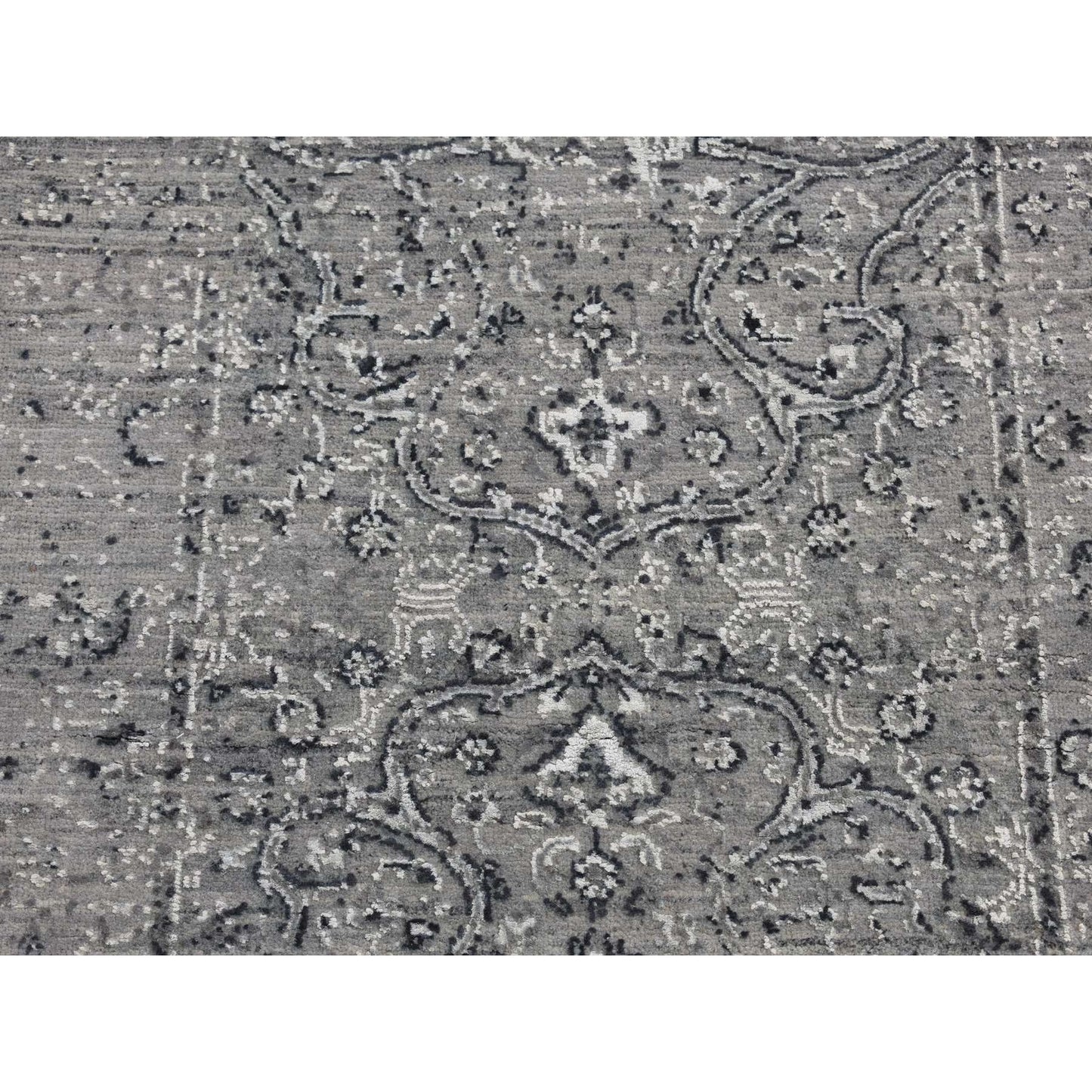 2'6"X6' Gray Zoroastrian Erased Design Silk/Wool Hand Knotted Runner Rug