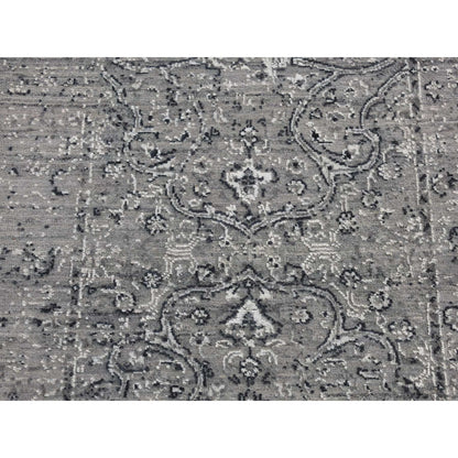 2'6"X6' Gray Zoroastrian Erased Design Silk/Wool Hand Knotted Runner Rug