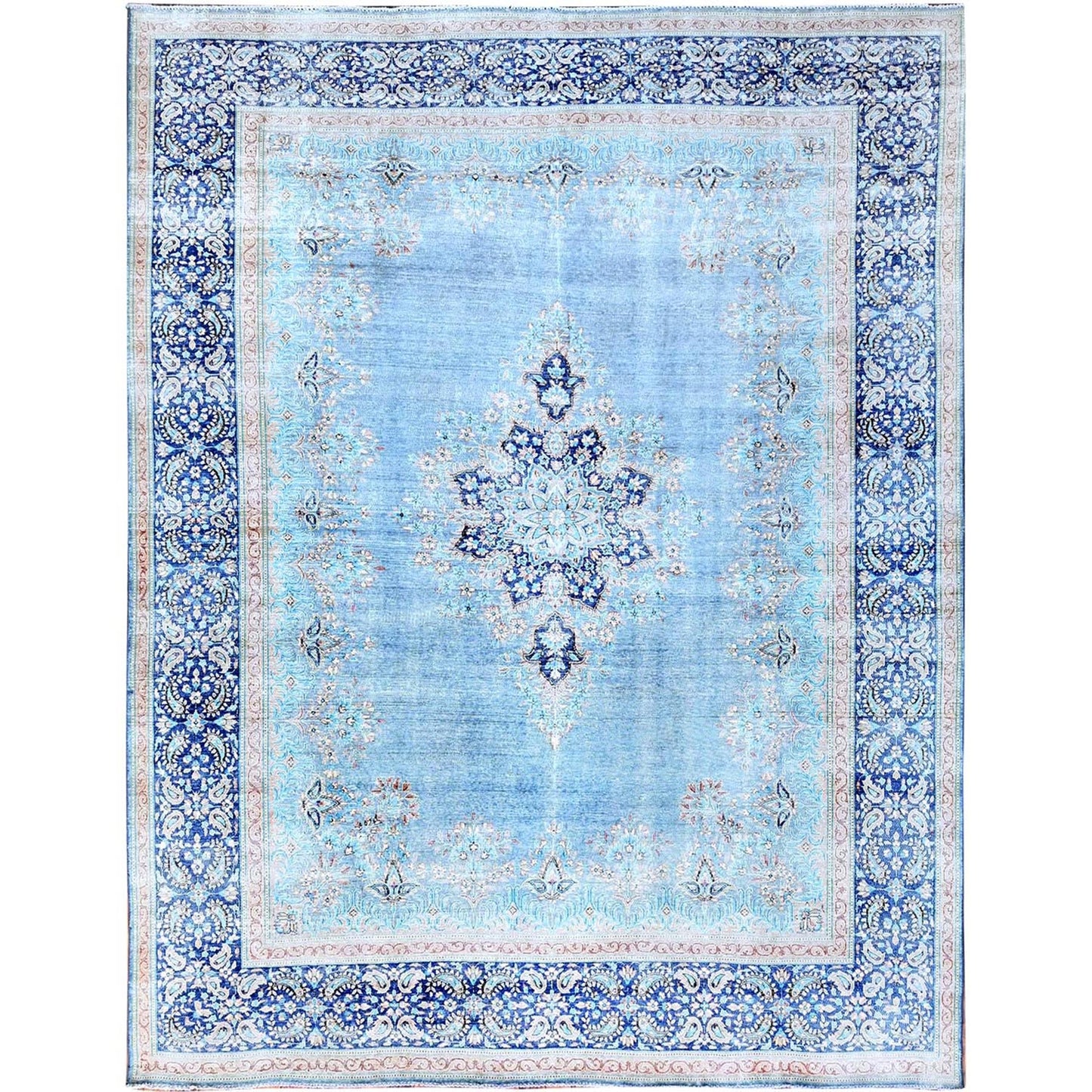 10'X12'9" Blue Worn Down Shiny Wool Cropped Thin Cleaned Oriental Rug
