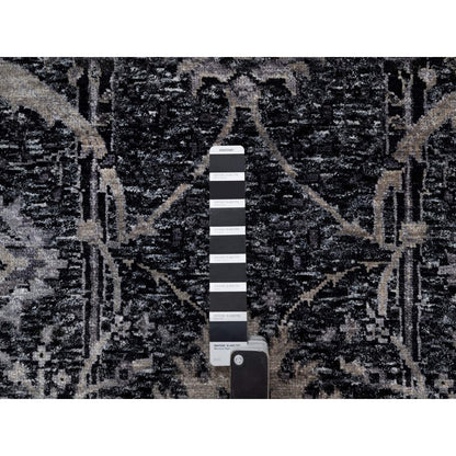 4'10"X7' Phantom Black Hand Knotted Sickle Leaf Design Wool And Silk Rug