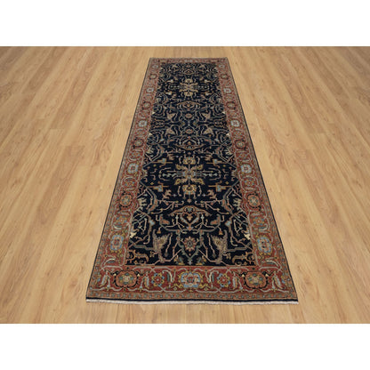 4'2"X12'2" Navy Antiqued Heris Re-Creation Hand Knotted Wool Runner Rug