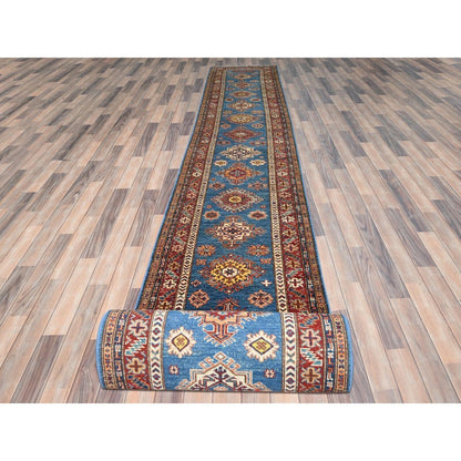 2'9"X40'6" Blue Afghan Super Kazak Wool Hand Knotted Xl Runner Rug