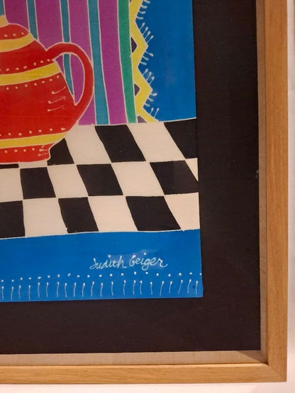 Judith Geiger Signed Framed Silkscreen Teapot Art Textile Art
