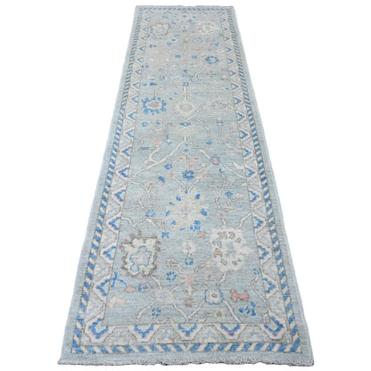 2'10"X9'7" Gray Angora Oushak Leaf Design Hand Knotted Wool Runner Rug