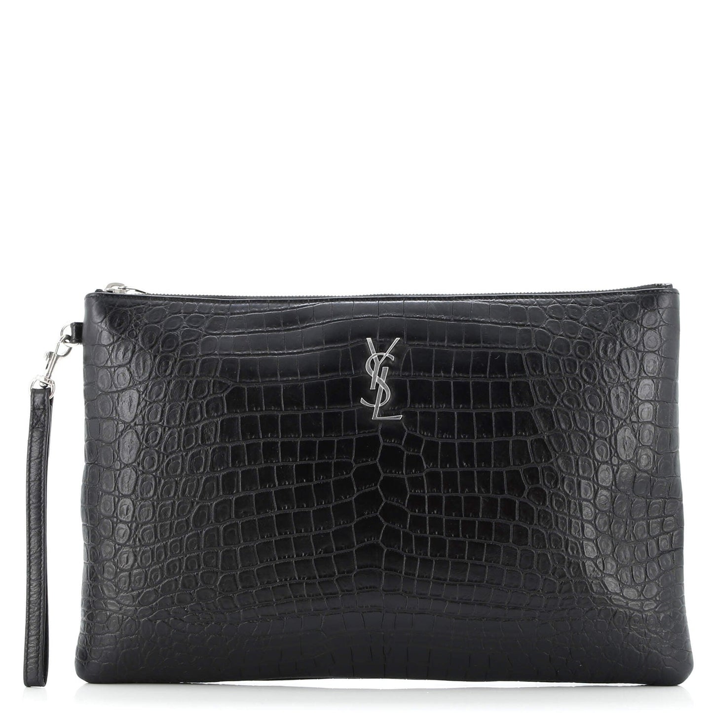 Saint Laurent Classic Monogram Tablet Wristlet Pouch Crocodile Embossed Leather