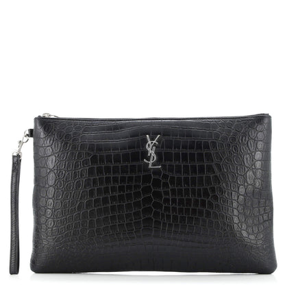 Saint Laurent Classic Monogram Tablet Wristlet Pouch Crocodile Embossed Leather