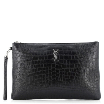 Saint Laurent Classic Monogram Tablet Wristlet Pouch Crocodile Embossed Leather