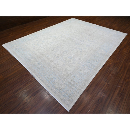 9'X11'9" Vista White Hand Knotted Pure Wool Stone Wash Peshawar Rug
