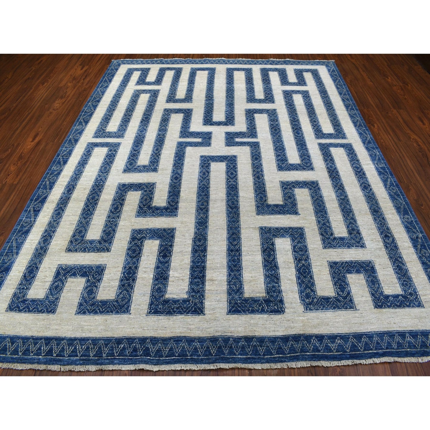 7'10"X9'9" Blue Wool Maze Design With Berber Influence Hand Knotted Rug