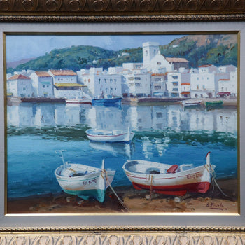 Agustin Pardo Original Oil Painting Sunday Silence Boats Harbor Spain F6 Framed