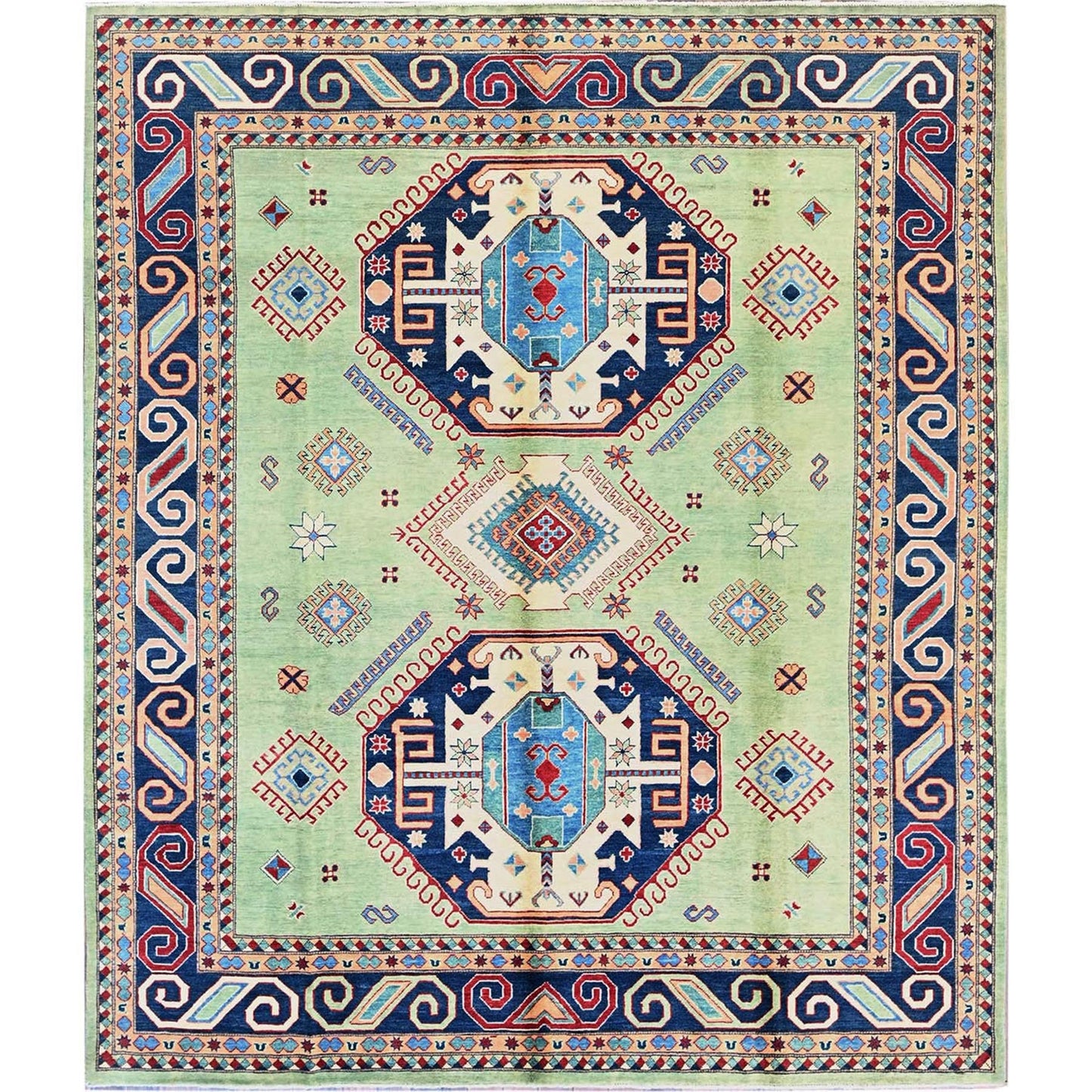 8'4"X9'7" Green Afghan Special Kazak Geometric Design Wool Hand Knotted Rug