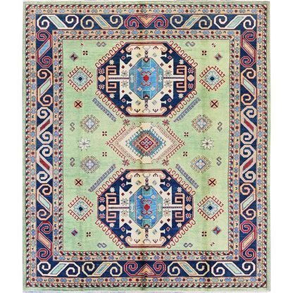 8'4"X9'7" Green Afghan Special Kazak Geometric Design Wool Hand Knotted Rug