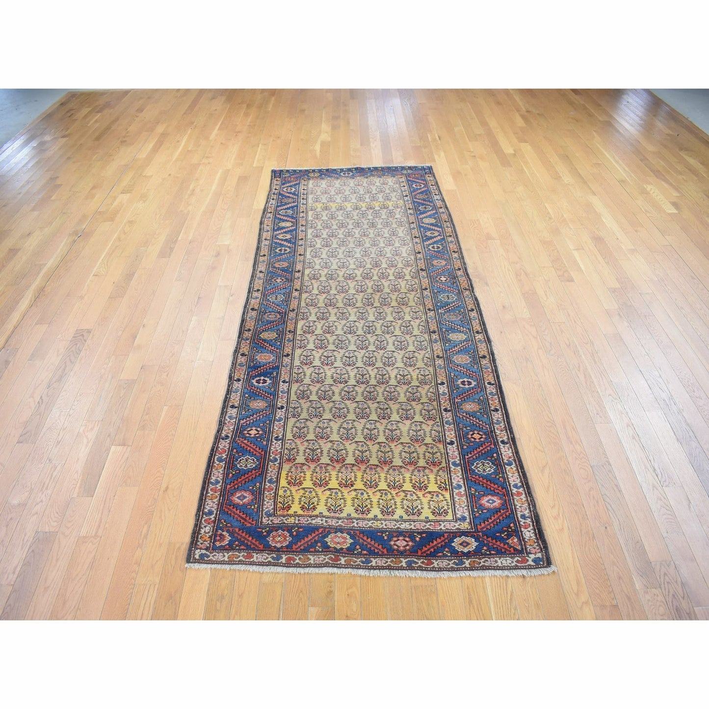 4'X10'3" Yellow Antique Farsian Bookshaish Wool Hand Knotted Runner Rug