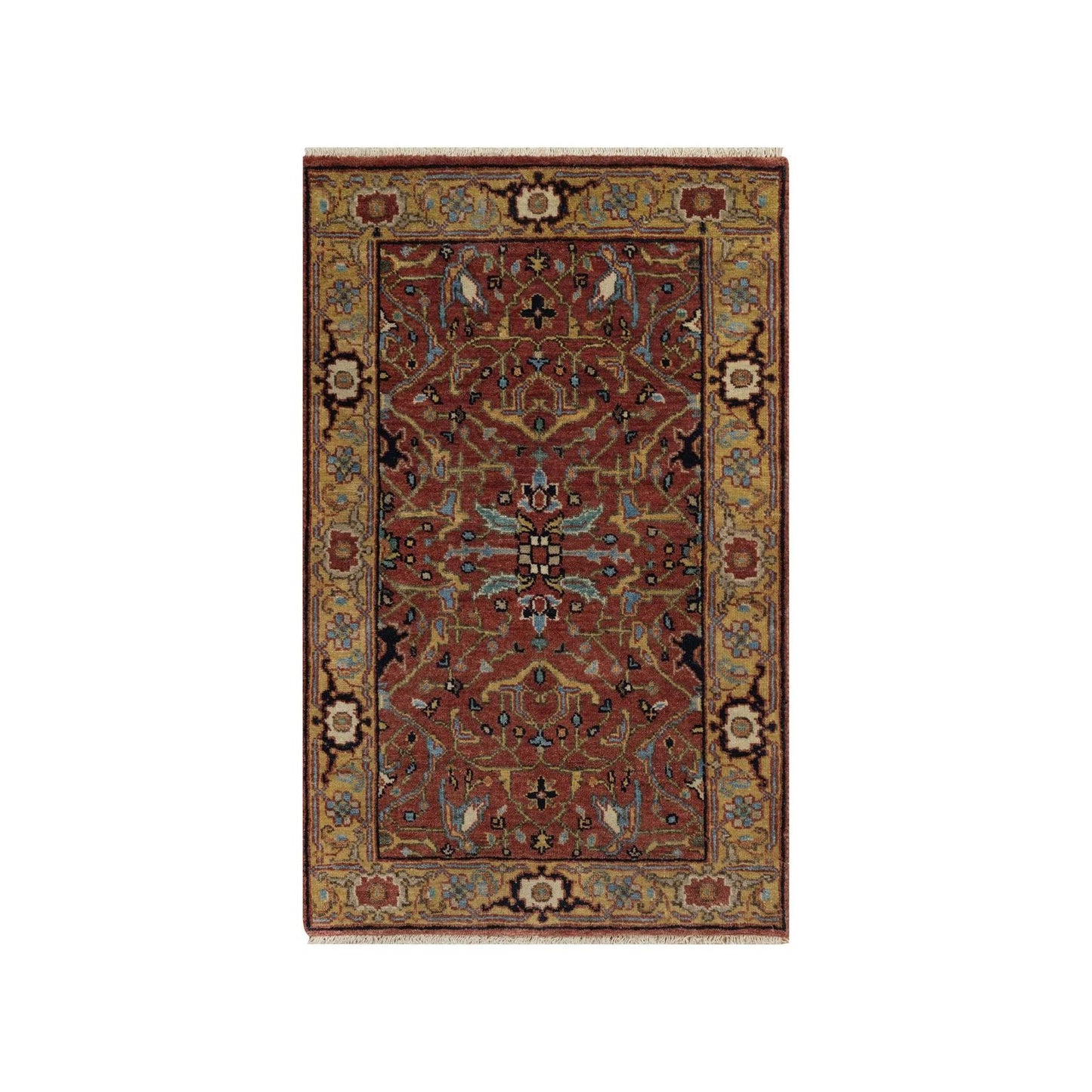 2'1"X3'3" Red Hand Knotted Antiqued Fine Heris Re-Creation Wool Mat Rug