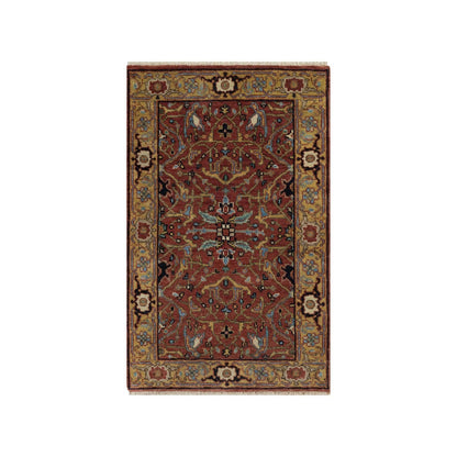 2'1"X3'3" Red Hand Knotted Antiqued Fine Heris Re-Creation Wool Mat Rug