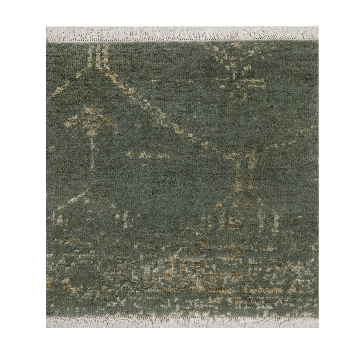 2'x2' Green Modern Design Wool and Silk Hand Knotted Square Mat