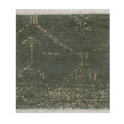 2'x2' Green Modern Design Wool and Silk Hand Knotted Square Mat
