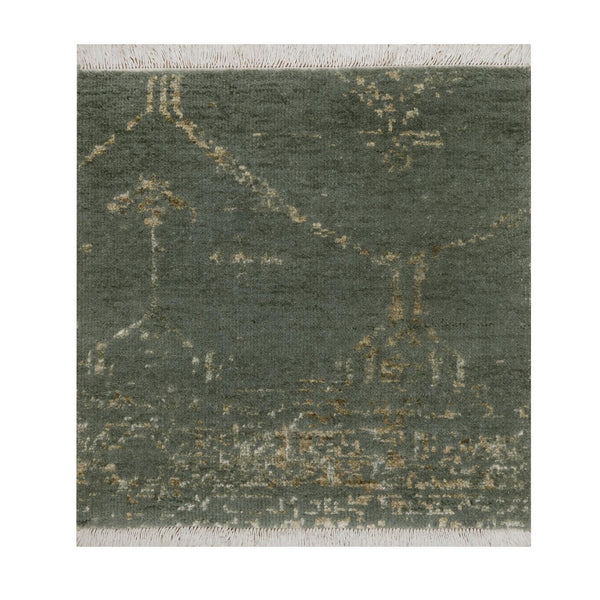 2'x2' Green Modern Design Wool and Silk Hand Knotted Square Mat