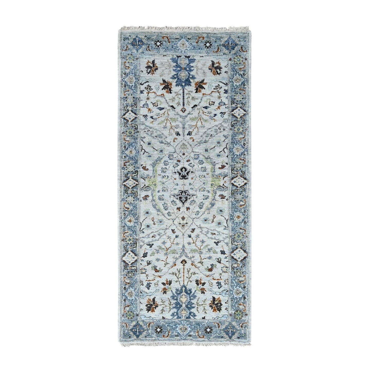 2'6"X5'9" White Oushak With Floral Motifs Hand Knotted Wool Runner Rug